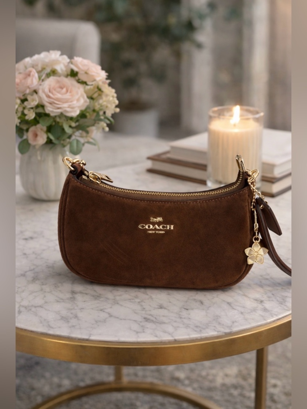 Coach Chocolate Suede Bag with Gold Details